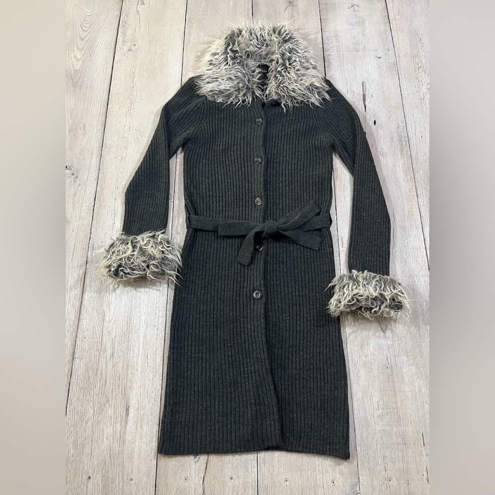 It’s Our Time Black Ribbed Knit Long Cardigan Sweater Faux Fur Trim Size M Y2K
